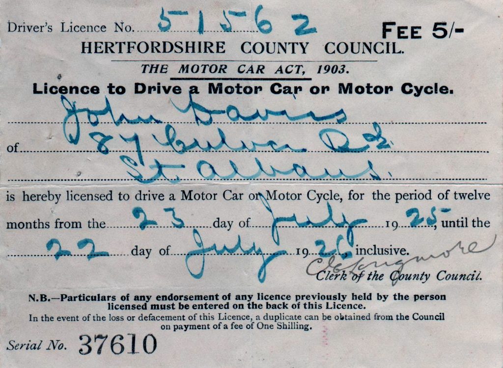 First Driving Licence - Johns Davies - 1925