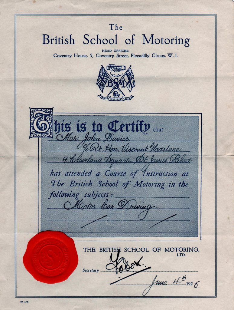 British School of Motoring Certificate 1926