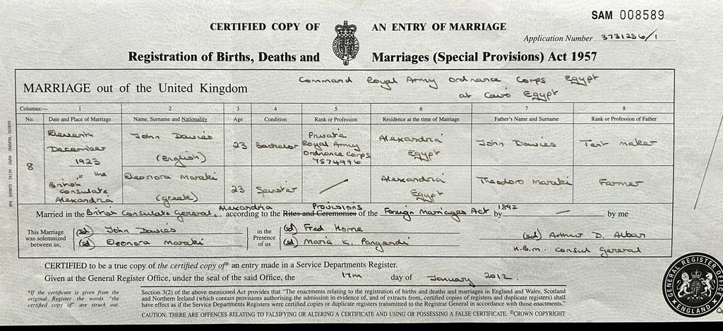 Marriage Certificate John Davies and Eleonora Maraki